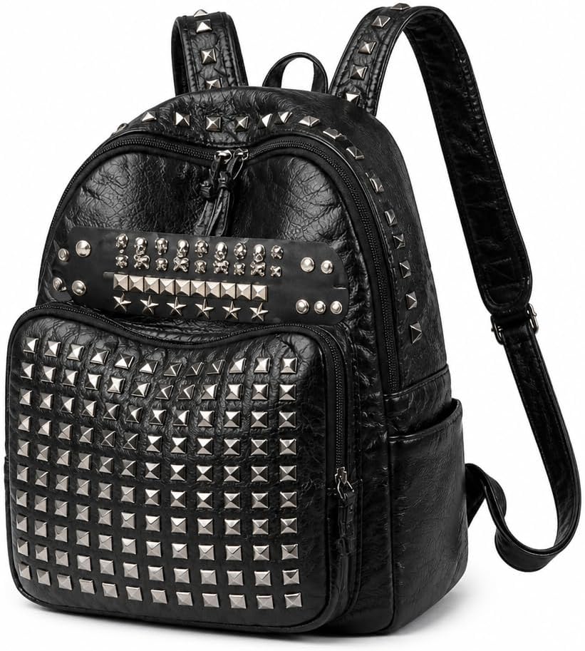 Y2K Backpack for Women Studded Mini Bag Punk Gothic Rivet Bookbag Black Aesthetic Leather Harajuku School Travel (black)