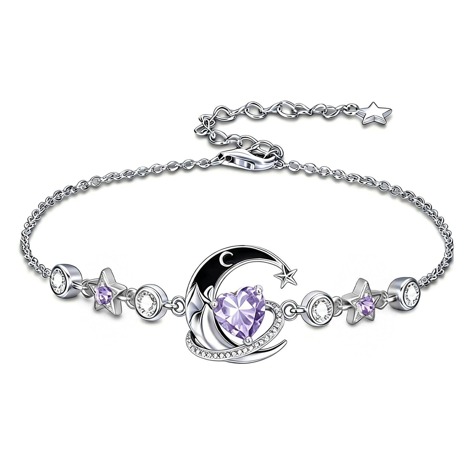 Pulsera de luna y estrella de plata de ley 925 con piedra natal con 12 polillas, regalo de cumpleaños para mujer