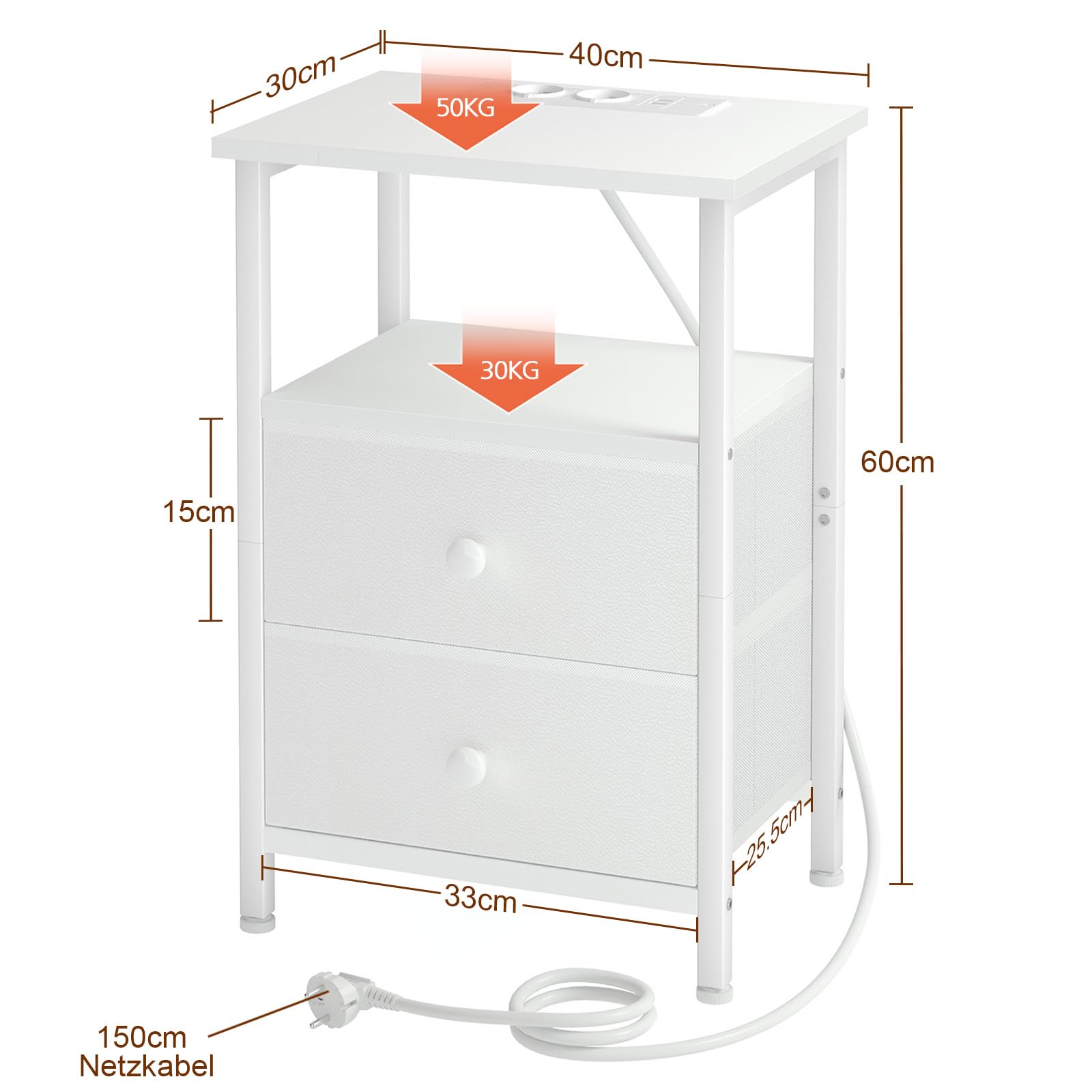 AMHANCIBLE Mesita de Noche, Mesitas de Noche con Estación de Carga, Mesa Auxiliar con 2 Cajones de Tela, 2 Tomas AC, 2 Puertos USB, Dormitorio, Salón, Estudio, Blanco, EHETS020WT-1