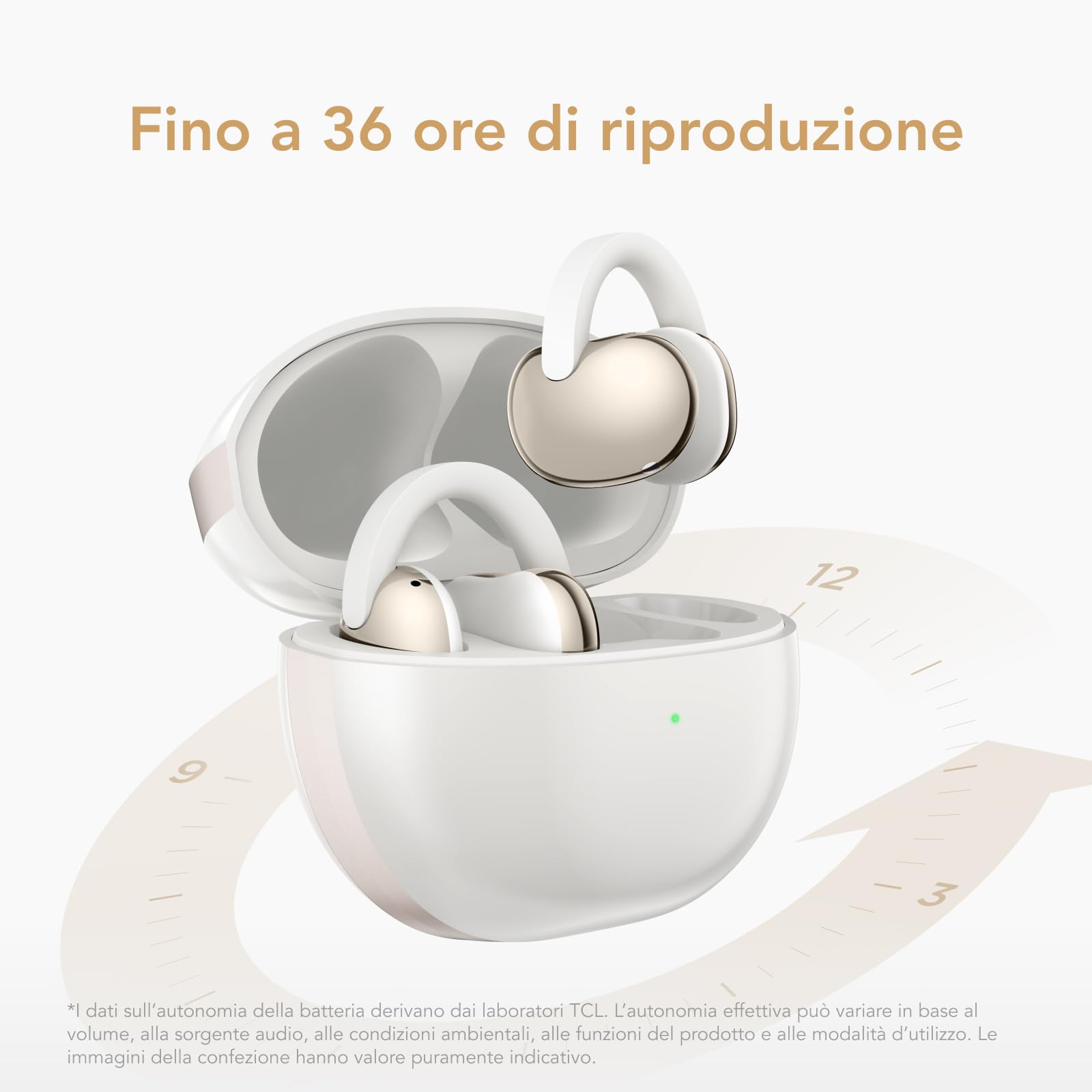 TCL CrystalClip, design a clip, miglioramento dei bassi, suono spaziale 3D, fino a 36 ore di riproduzione, Bianco lunare