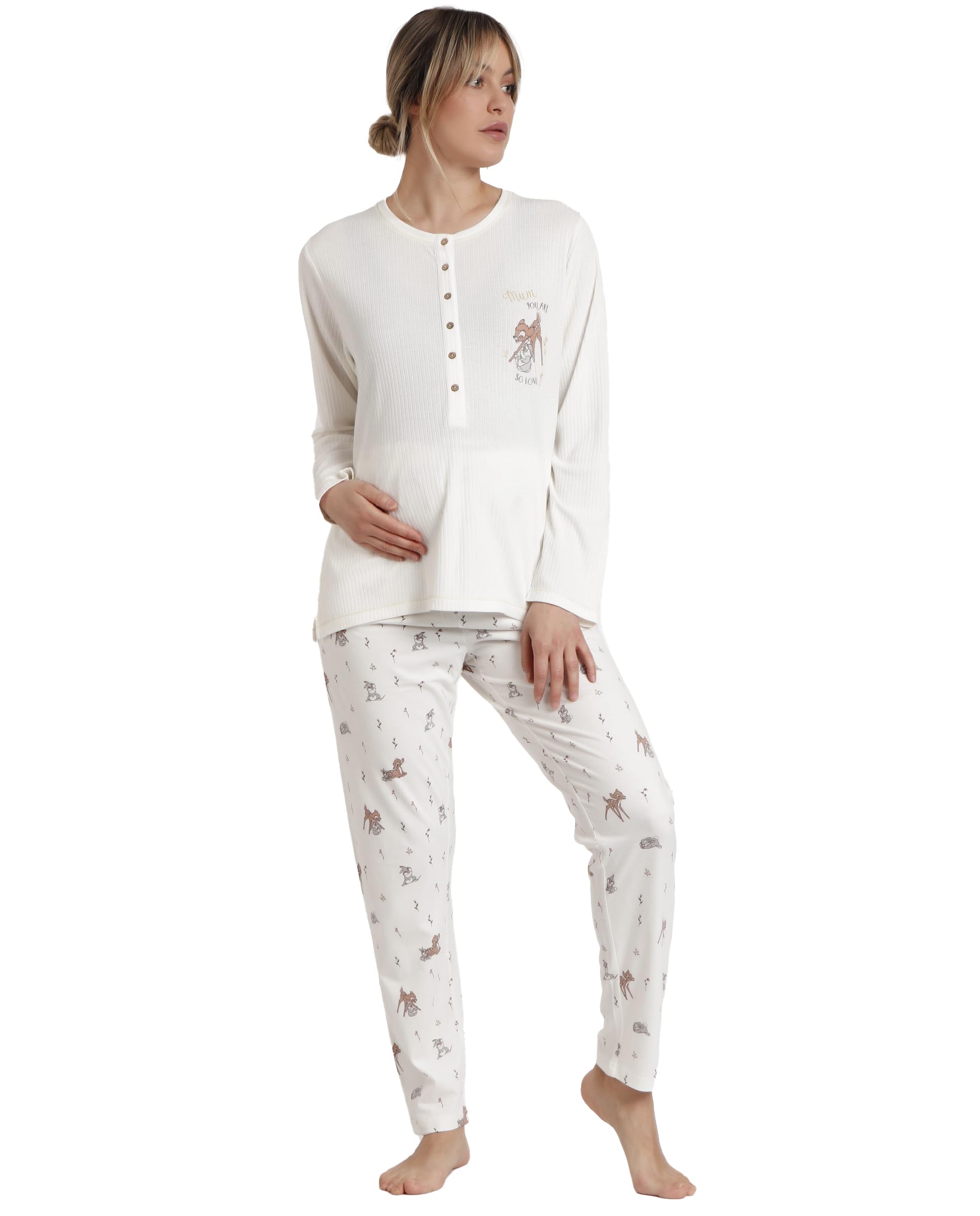 Disney Pijama premamá Mujer Invierno algodón y poliéster – Pijama Bambi You Are so Loved con Tapeta de Lactancia y pantalón Largo Cintura Regulable, Punto Suave, Color Crudo, Talla XXL