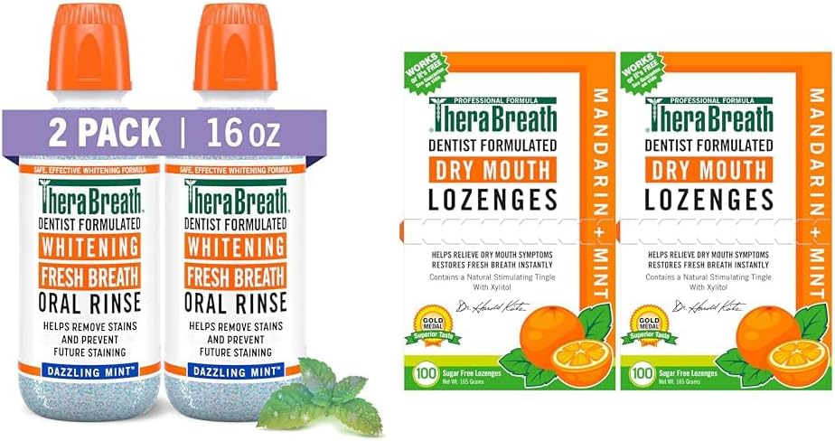 TheraBreath Whitening Mouthwash 16 Fl Oz (2-Pack) & Dry Mouth Lozenges with Zinc 100 Lozenges Mandarin Mint (Pack of 2)