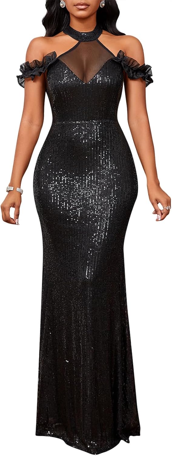 Cololura Women Sexy Sequin Halter Neck Short Sleeve Mesh Perspective Party Bodycon Evening Cocktail Maxi Dress
