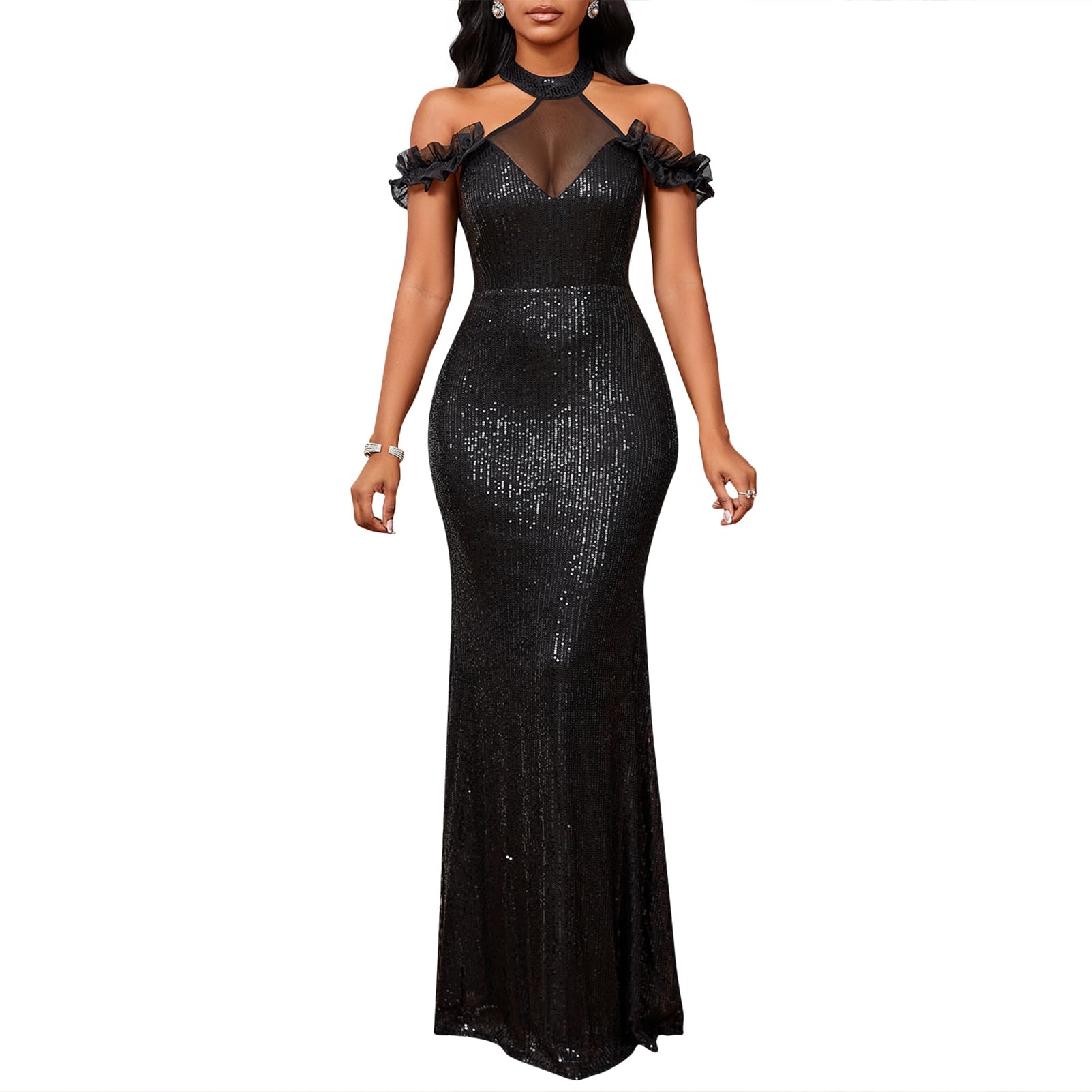 Cololura Women Sequin Halter Mesh Bodycon Formal Maxi Dress Evening Gown