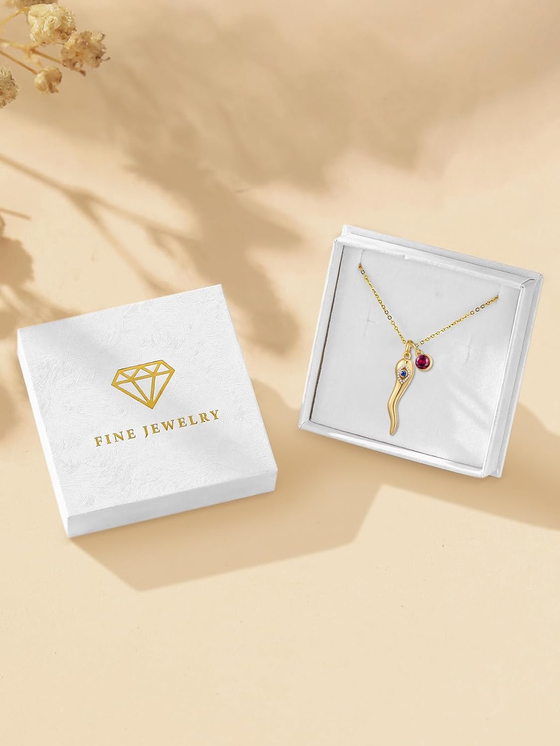 14K Gold Necklace for Women Italian Horn and Evil Eye Double Protection Talisman Good Luck Anniversary Birthday Gifts for Her