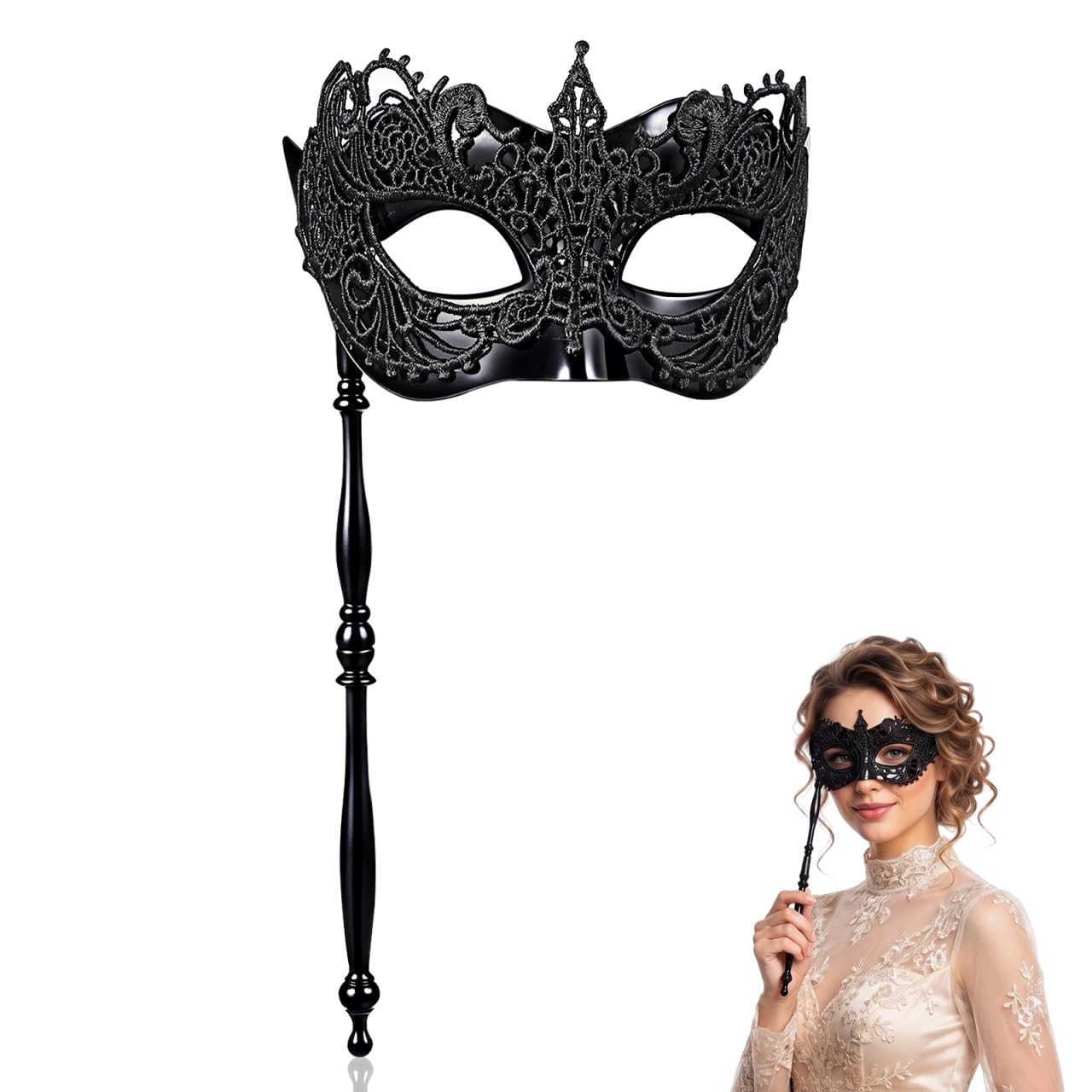 VILLCASE Black Masquerade Masks with Holding Stick, Lace Masquerade Mask
