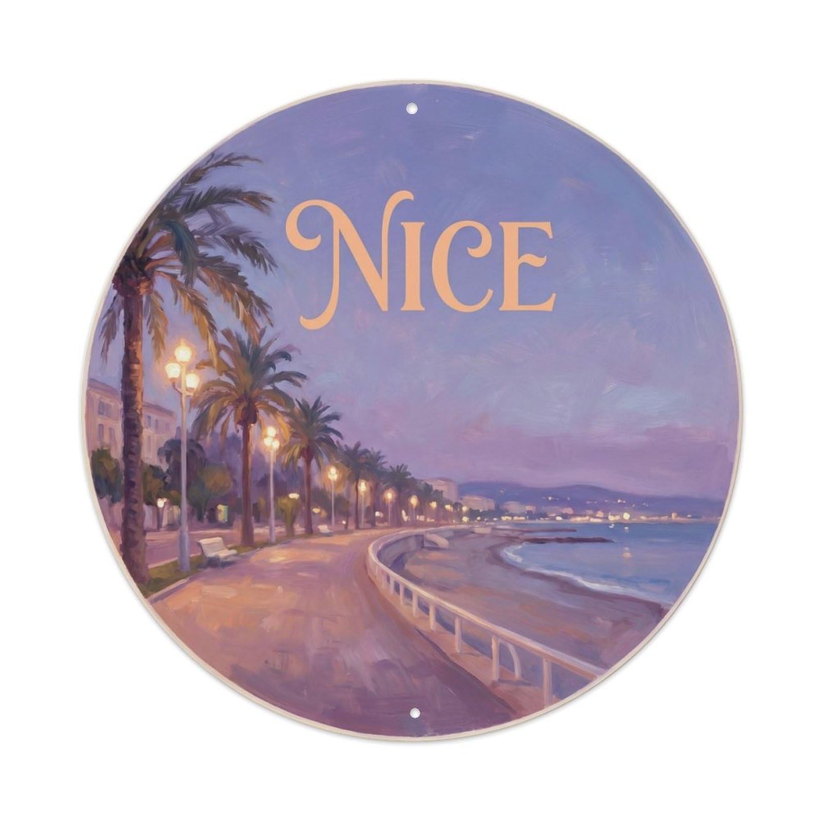 Promenade Twilight Nice France Impressionist Seaside Travel Metal Tin Sign Plaque Wall Decor for Cafe, Man Cave, Club Bar, Office, Home Garden Round Metal Poster 8x8Inch