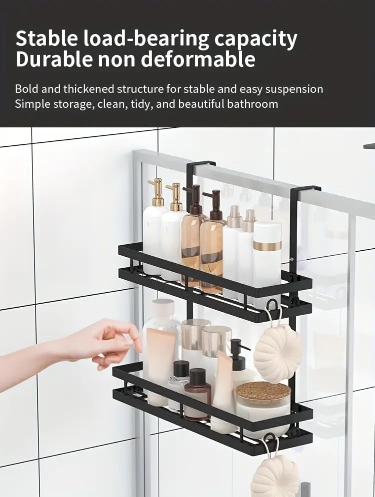 Miniatura 5 de Estante de almacenamiento de baño de 2 niveles, organizador de ducha de metal negro mate sobre la puerta, 15.75 x 4.72 pulgadas, a prueba de óxido,