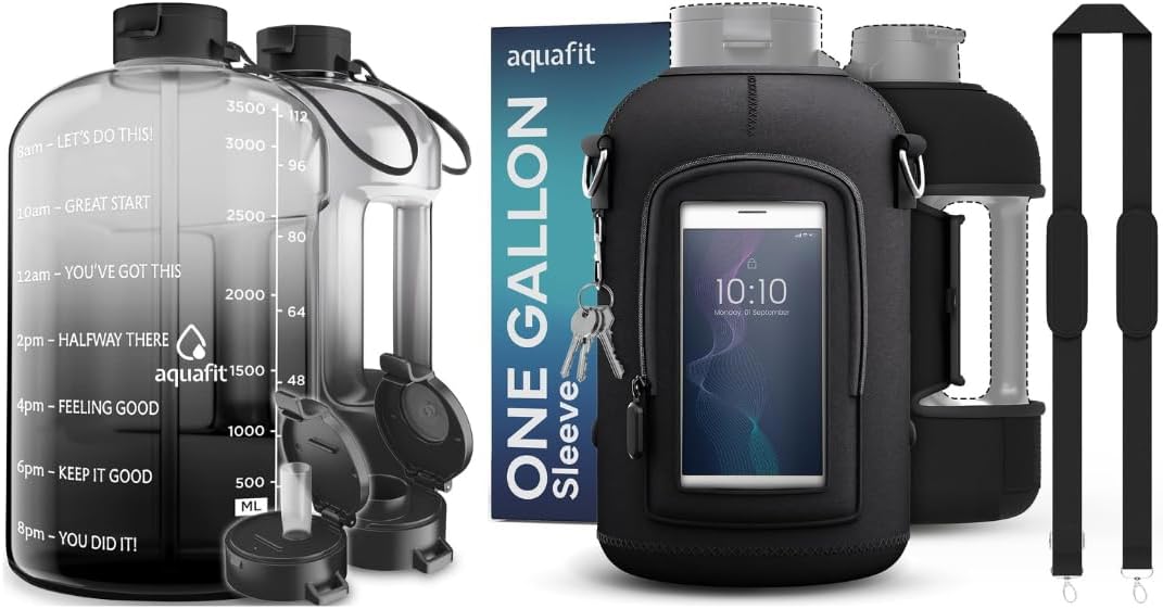 AQUAFIT 128 oz (1 Gallon) Sports & Gym Water Bottle with Time Markers, 2 Lids (Straw & Chug), Carry Strap and Handle PLUS Neoprene Sleeve with Storage Pockets and Adjsutable Strap