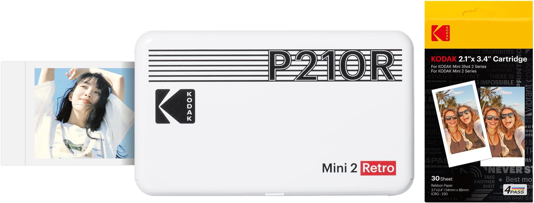 コダックKodak Mini 2 レトロ 4PASS スマホプリンター/インスタントプリンター/チェキプリンター(5.3x8.6cm)+プリンター本体8枚入り+30枚バンドル (ホワイト+38枚)