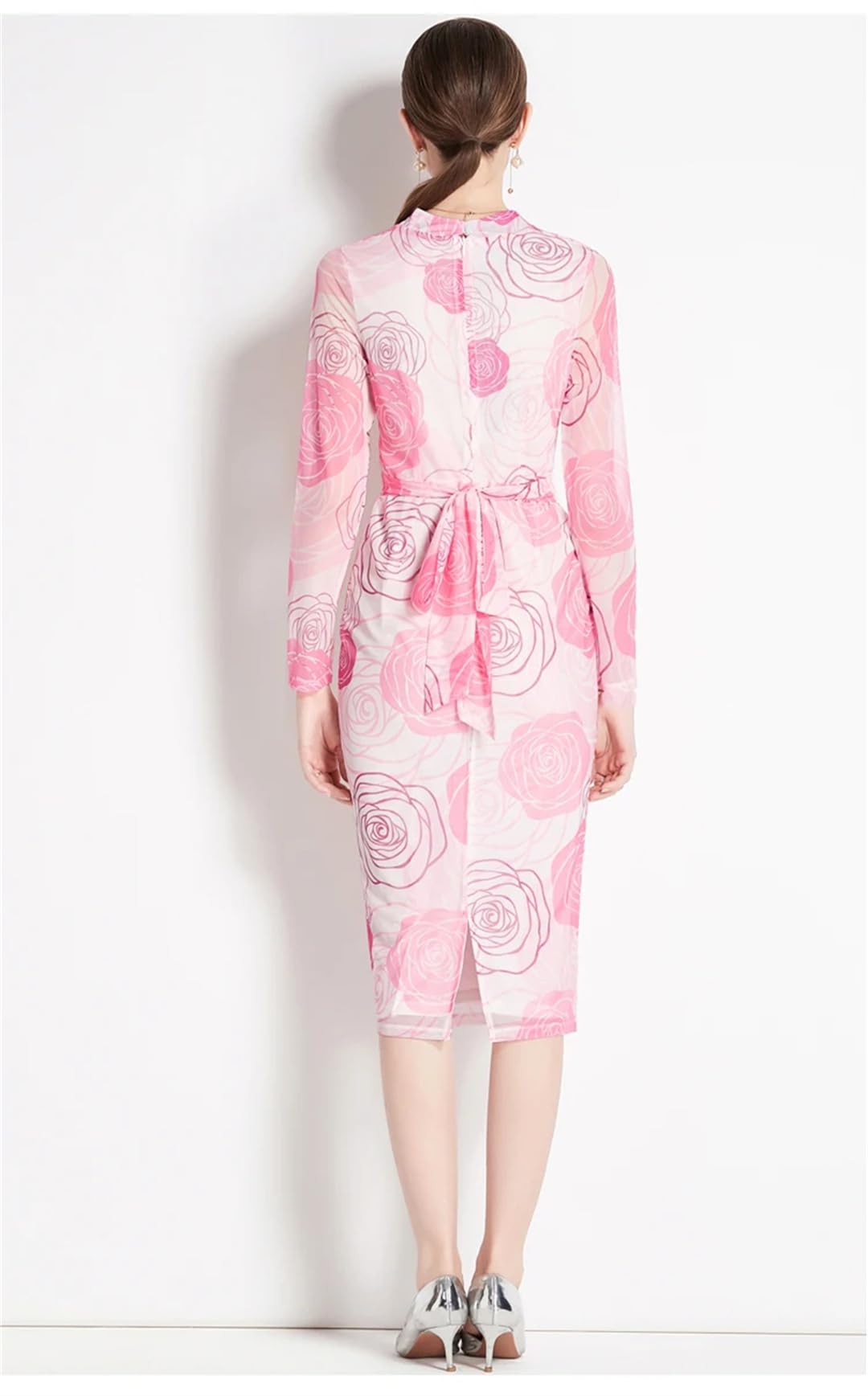 Vestido de mujer con estampado floral para oficina, retro, cintura alta, con cordones, cuello en V, manga larga, vestido midi, Negro, S