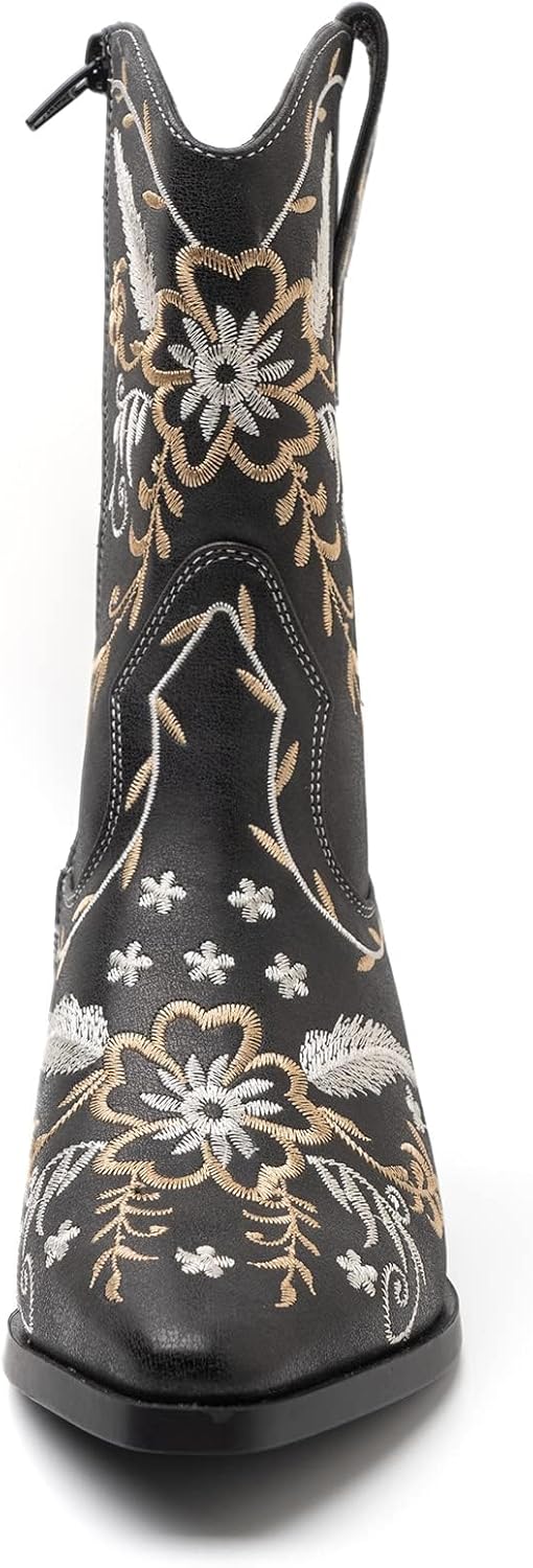 ANJOUFEMME Womens Wide Calf Cowboy Boots, Western Cowgirl Mid Calf with Gold Embroidery, Chunky Heel Zip Up Pointed Toe Boots