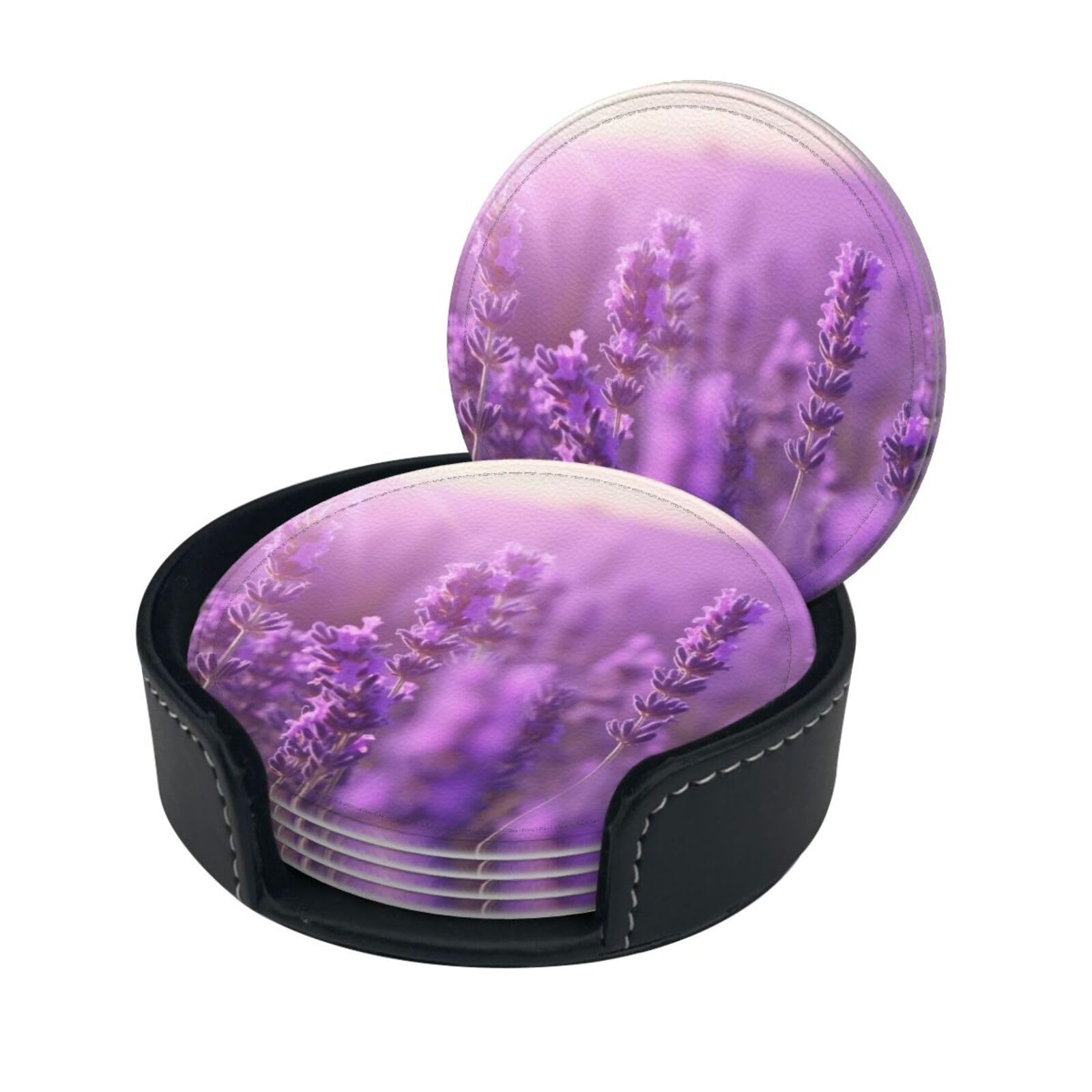 Stylish Coasters - Romantic Purple Lavender Set of 6 Round Leather Drink Coasters with Holder - Perfect Size for Cups and Glasses
