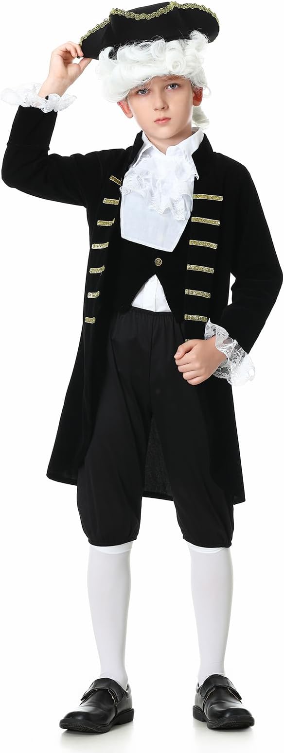 Colorful House Washington Costume Boys America 18th Century Colonial American Uniform with Wig for Halloween Dress Up Party