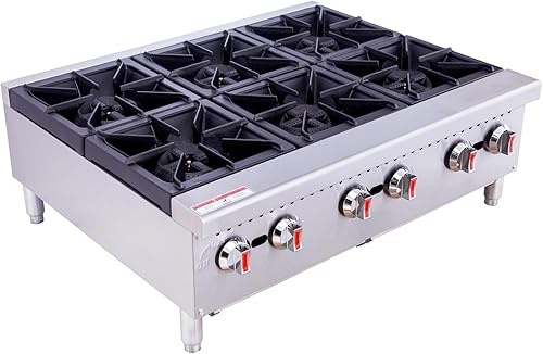 Placa caliente de gas comercial, 36 pulgadas, 6 quemadores, 180,000 BTU, rango de encimera resistente, certificación ETL, acero inoxidable de alto