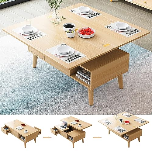Moderna mesa de centro con parte superior elevable con compartimento de almacenamiento oculto, mesa central multifuncional para sala de estar, se convierte en mesa de comedor, acabado de madera