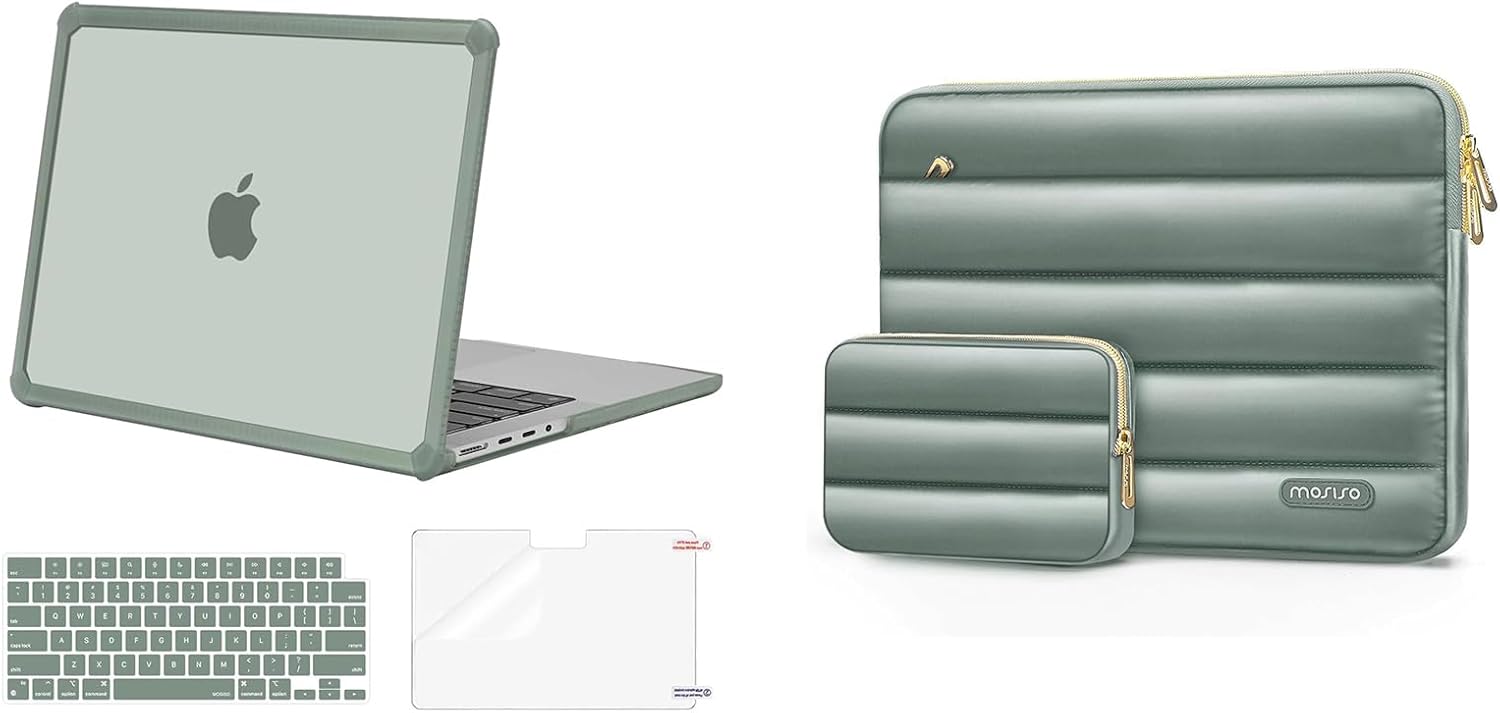 MOSISO Compatible with MacBook Pro 14 inch Case 2025-2021 M4 M3 M2 M1 A3112 A3185 A3401 A2918 A2992 A2779 A2442, Heavy Duty Hard Case&Keyboard Skin&Screen Film&Bag, Emerald Green&Antique Green