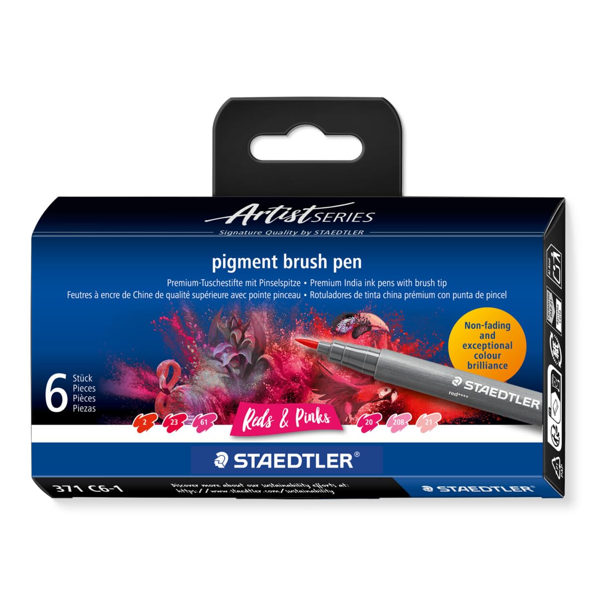 STAEDTLER 371 C6-1 Pigment Arts Brush Pen - Assorted Red & Pink Colours (Pack of 6)