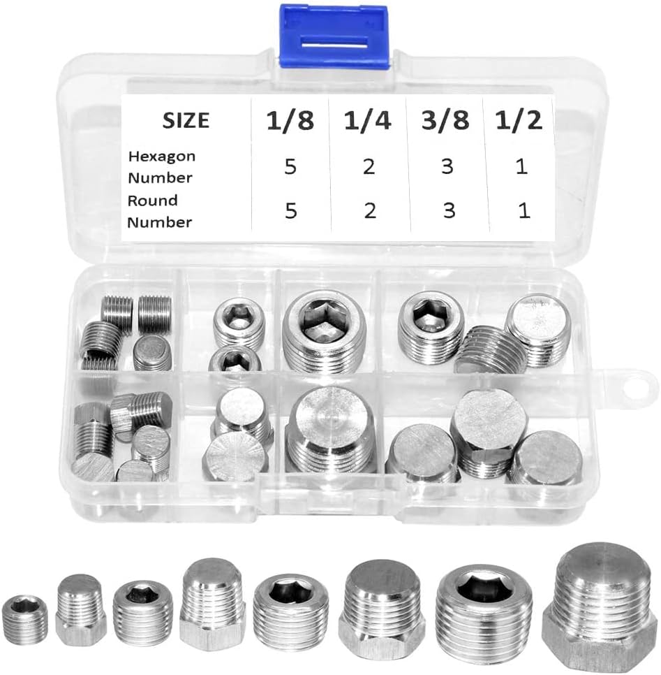 Joywayus 12PCS Stainless Steel Male Thread Outer Hex Head Pipe Plug Fittings 1/2" NPTx2+3/8"NPTx2+1/4"NPTx4+1/8"NPTx4
