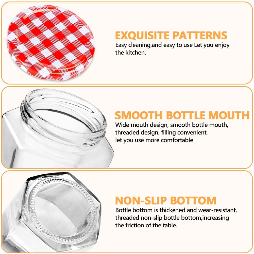 Showvigor 8pack Glass Jam Jars with Red Gingham Lid, 280ml/9oz, Hexagonal Storage Glass Jars - Image 3