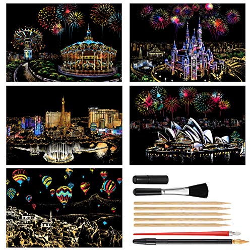 Scratch Painting Kits, Craft Art Set for Adults & Kids, Rainbow Sketch Painting Paper, Scratchboard, 16\'\' x 11.2\'\' - 5 Pack with 9 Tools(Amusement Park / Castle / Las Vegas / Sydney / Hot Air Balloon)