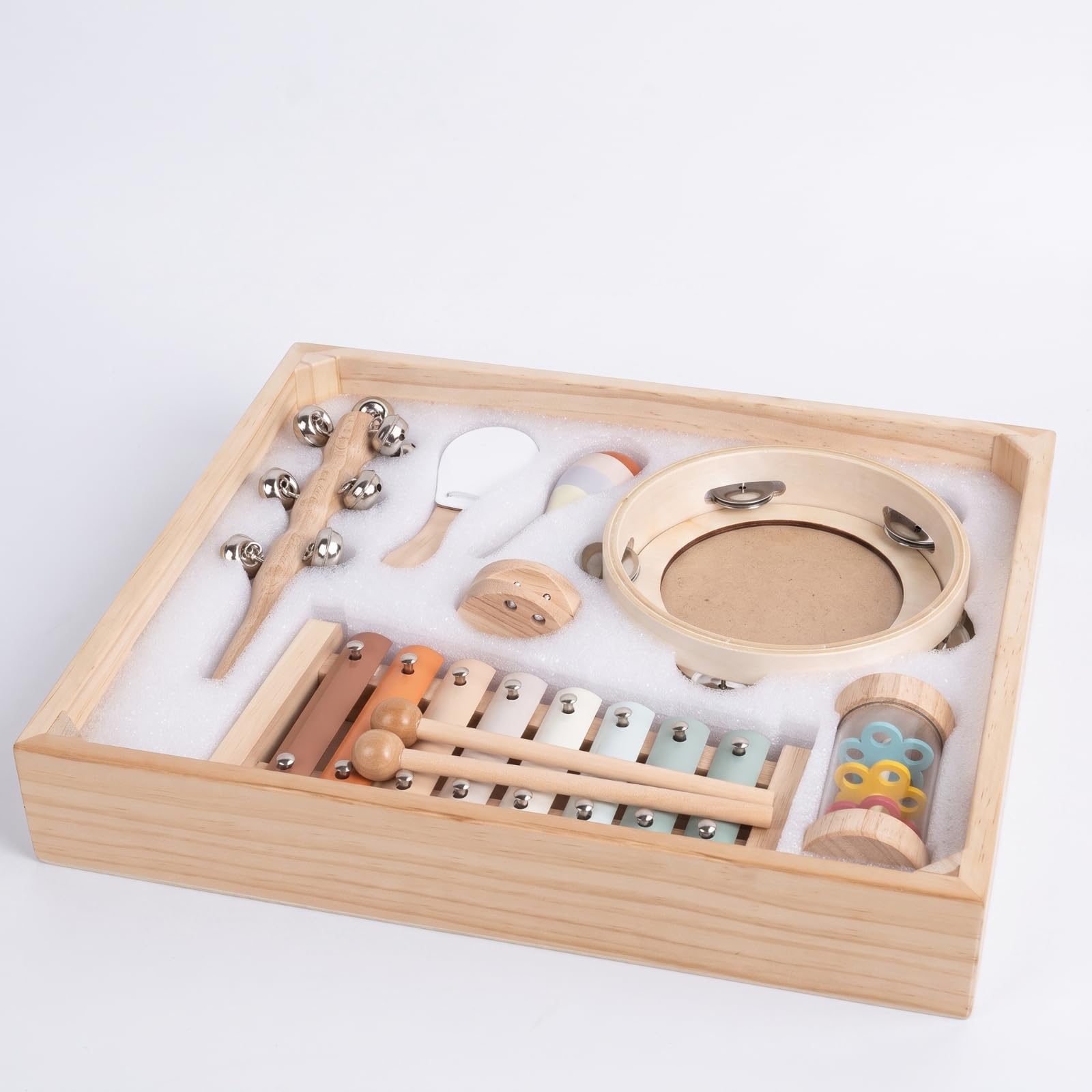 8 Pezzi Set Musicale in Legno Naturale Set di Percussioni in Legno Campanelli a Mano per Neonati, Asilo