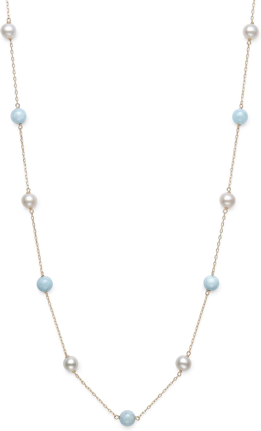 Belacqua Natural Milky Blue Aquamarine and Cultured Freshwater Pearl Station Necklace in 10K Yellow Gold, 18" Cable Chain, Real Pearl Jewelry for Women, Gift Box Included - Image 3