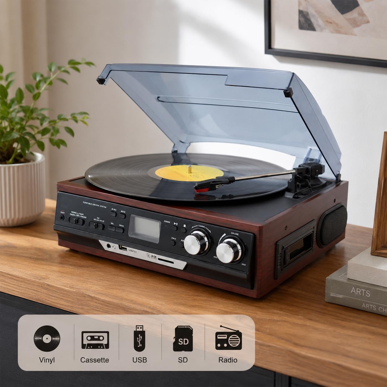 Giradischi retrò 4 in 1 con radio AM/FM, cassette e lettore CD, altoparlanti stereo doppi per la decorazione domestica