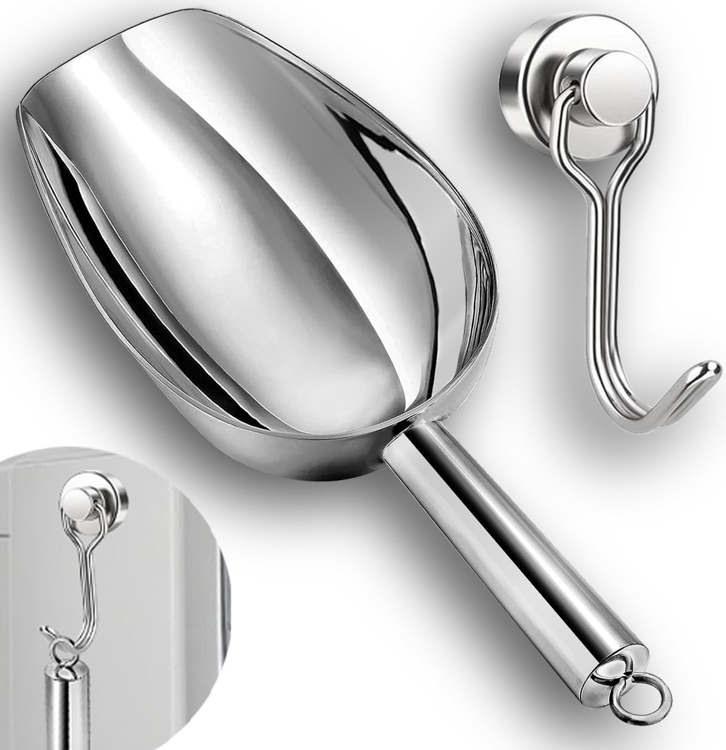 6oz Stainless Steel Ice Scoop for Freezer with Magnetic Hook, Dishwasher Safe Ice Scooper for Ice Machine–Metal Scoop for Ice Maker, Ice Bucket, for Kitchen Bar Party Accessories (6OZ Silver)