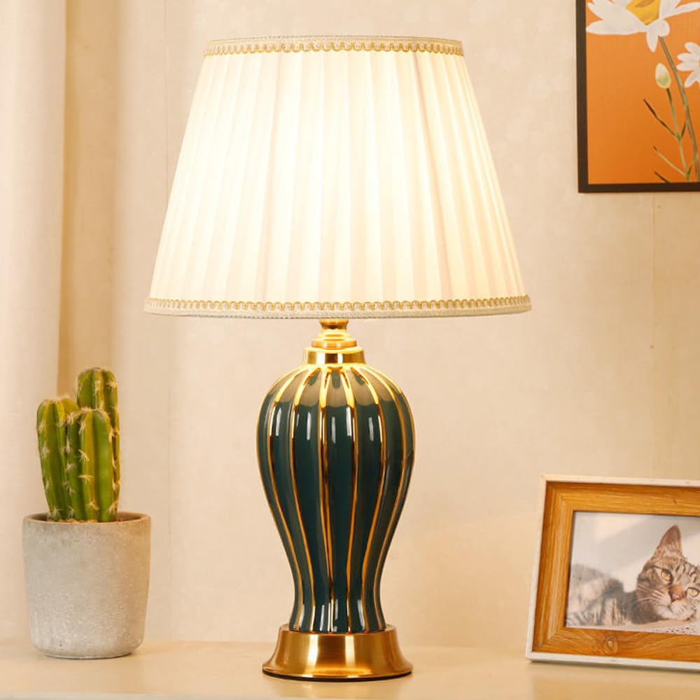 Klassische Tischlampe Lampenschirm mit Stoffschirm keramischer Lampenfuß - D30 x H52 - E27 Lampe - ohne Leuchtmittel (Grün)