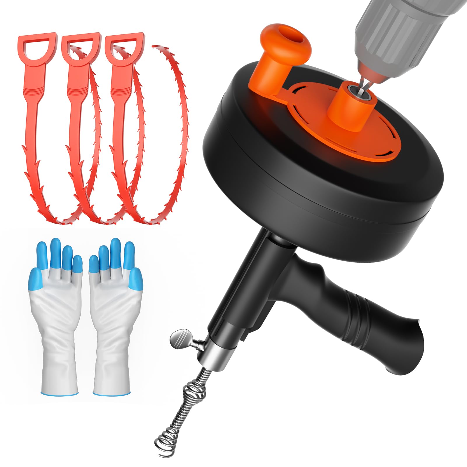 7,6 m Abflussschnecke, robust, professionelle Sanitärschlange mit Bohrer-Adapter, manueller und betriebener Verstopfungsentferner für Küche, Bad, Dusche, Waschbecken und Badewanne, flexibler