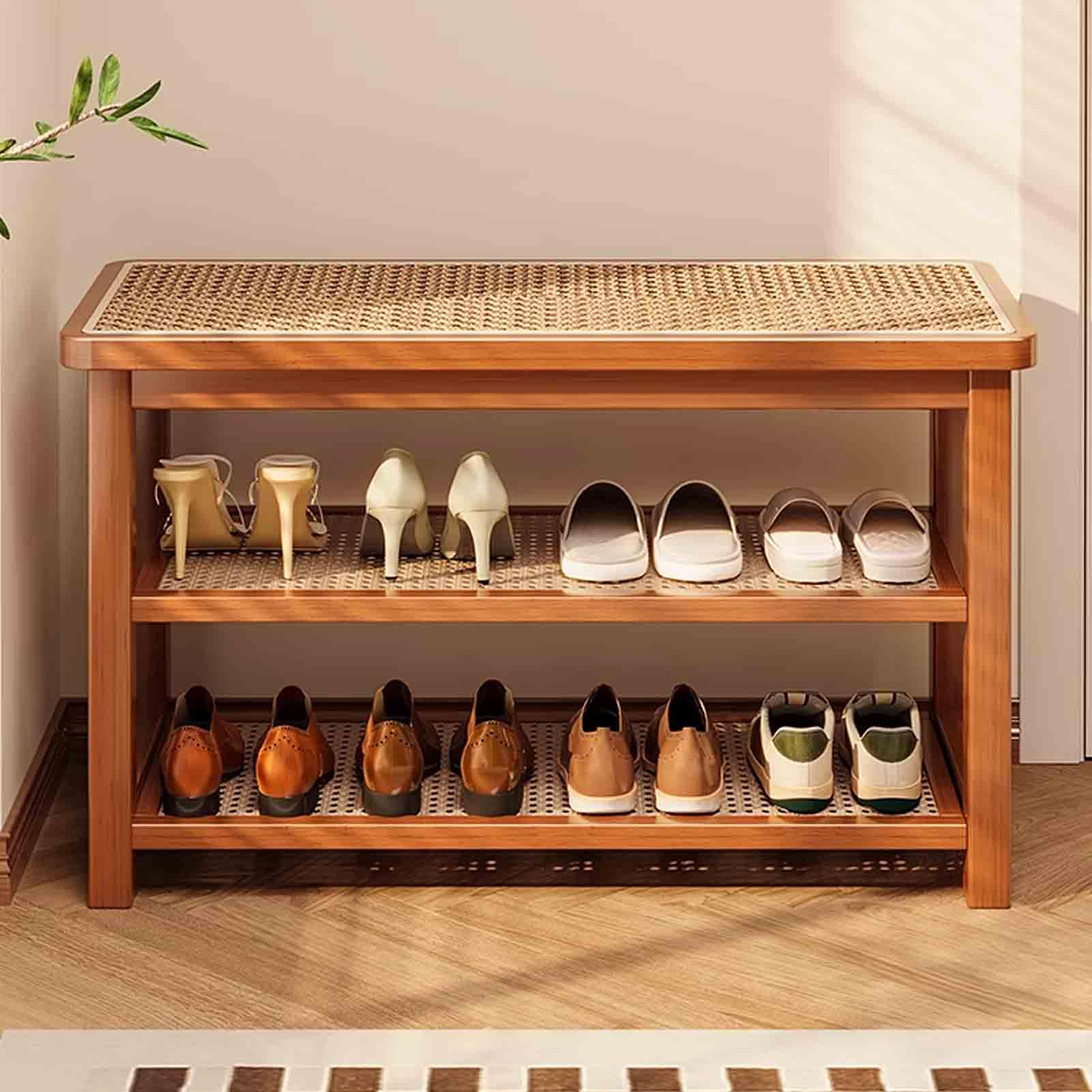 Banc à chaussures rustique bambou tissé meuble de rangement entrée couloir
