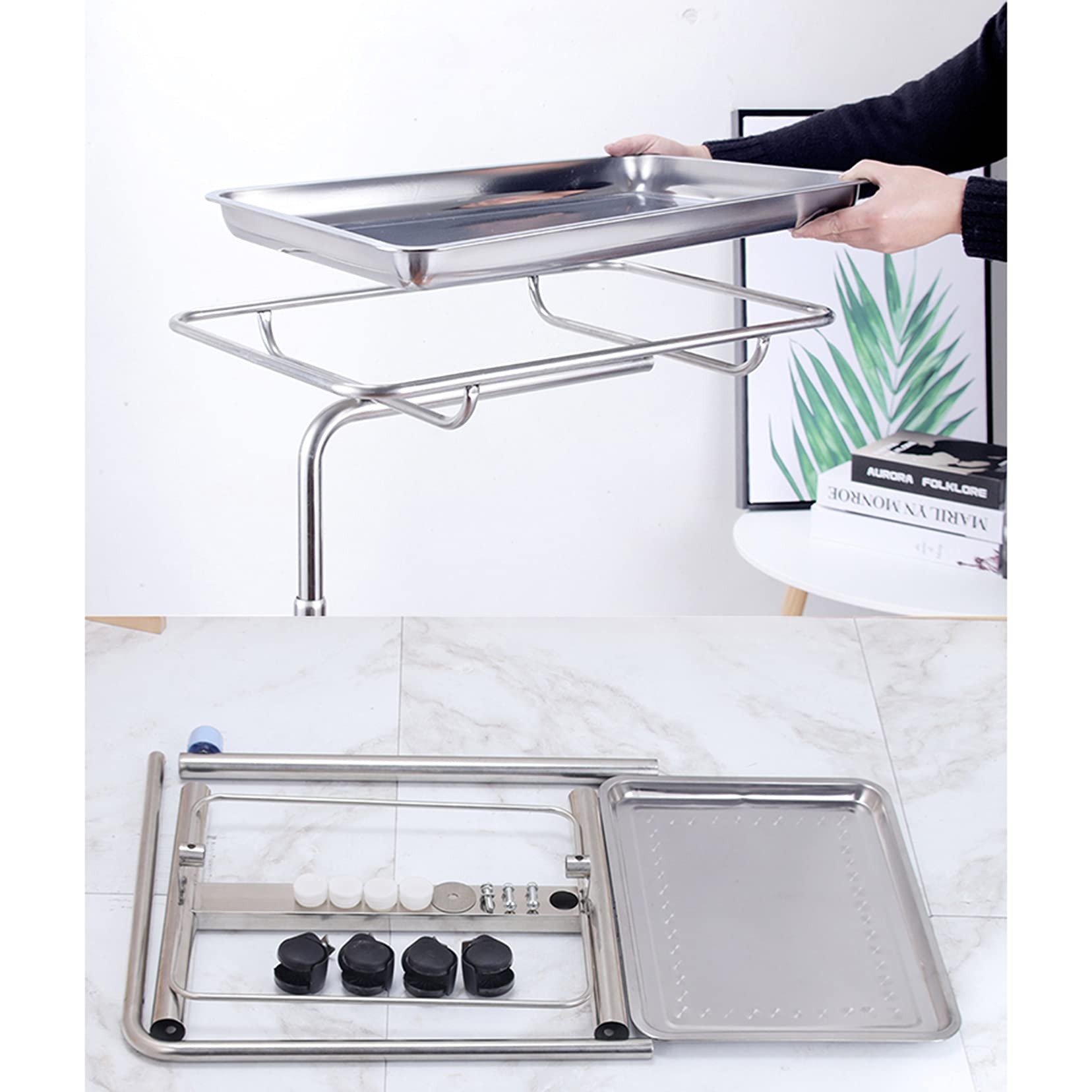 Taca Na Kółkach Do Salonu - Aluminiowa Taca Na Narzędzia Do Tatuażu - Regulowana, Rolowana Taca Do Salonu, Fryzjer Do Wózków Stomatologicznych, Wózek Fryzjerski Z Kółkami - Srebrny D