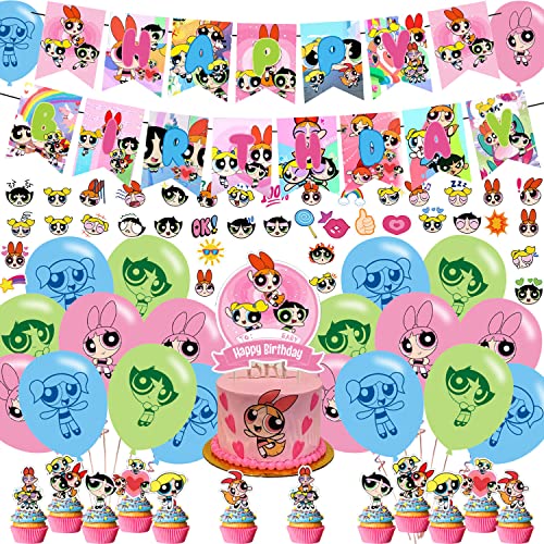 Powerpuff Girls Birthday Party Decorations ,Powerpuff Girls Birthday Party Favor with Banner, Cake Topper, Cupcake Toppers, Balloons for Boys Girls Powerpuff Girls Fans Party Supplies