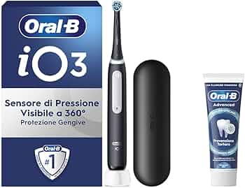 Oral-B Spazzolino Elettrico Ricaricabile iO 3 Nero con 1 Testina Di Ricambio, 1 Custodia Da Viaggio +1 Dentifricio Oral-B Advanced Prevenzione Tartaro, Nuova versione