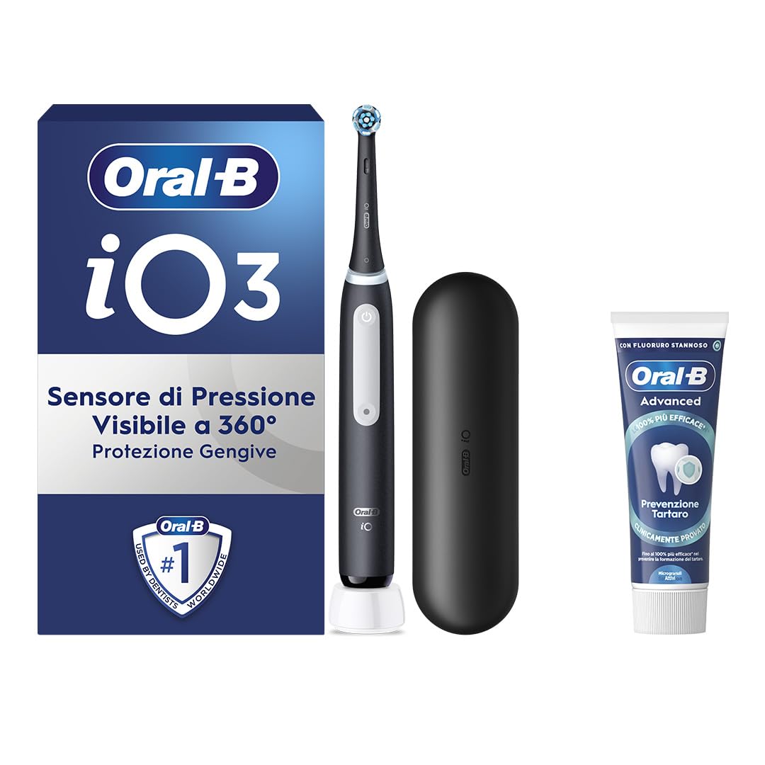 Oral-B Spazzolino Elettrico Ricaricabile iO 3 Nero con 1 Testina Di Ricambio, 1 Custodia Da Viaggio +1 Dentifricio Oral-B Advanced Prevenzione Tartaro, Nuova versione