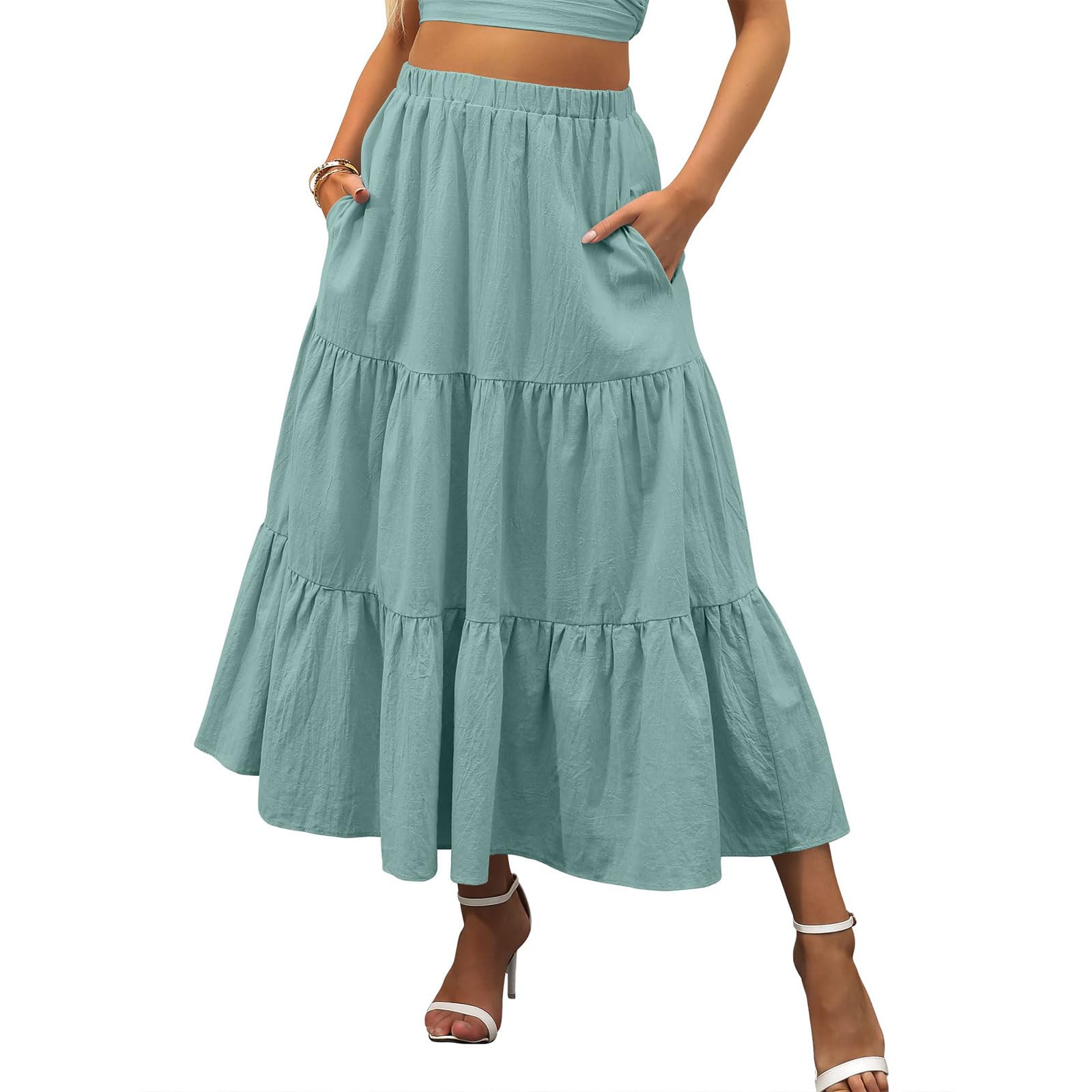 Womens Summer Boho Long Skirt Casual Elegant Smock Layered Tiered Maxi Skirt Trendy Elastic Waist Pleated Beach Dress
