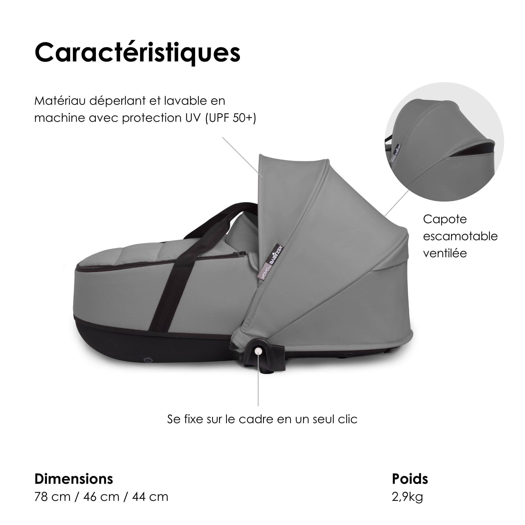 Babyzen Nacelle YOYO, Gris - Comprend Un Double Matelas épais, Une Coque et Une Capote ventilées - Nécessite Un Cadre YOYO2 (Vendu séparément)