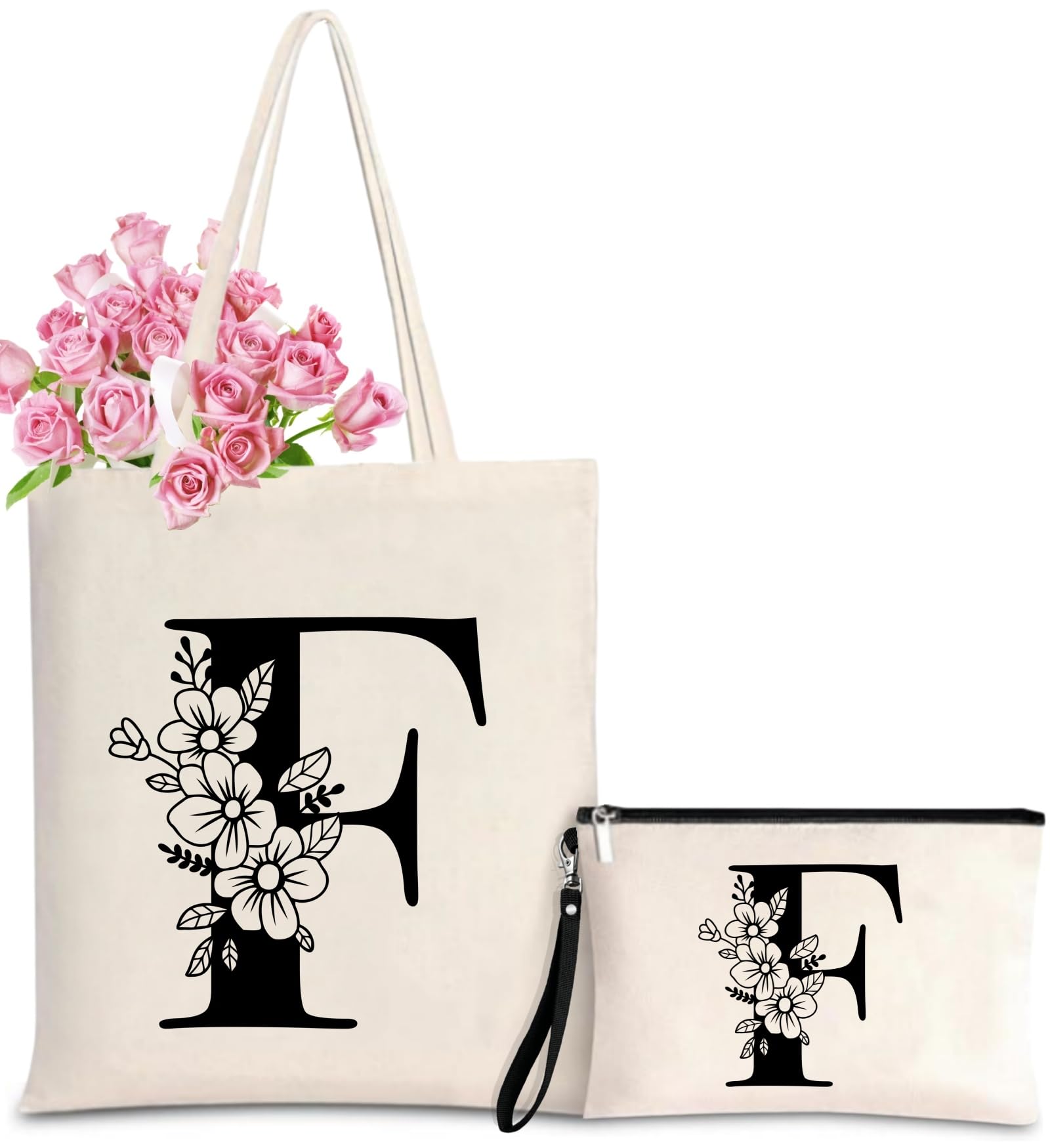 Nioobager Personalized Initial Tote Bag for Women - Monogrammed Bags with Makeup Gift Bag for Wedding, Birthday, Teacher