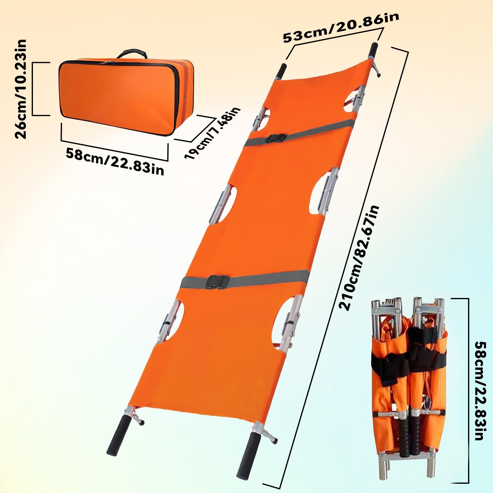 LIROPAU Barella per pazienti, 210 x 54 cm, in alluminio con fibbie, pieghevole, con custodia per il trasporto di pazienti di emergenza