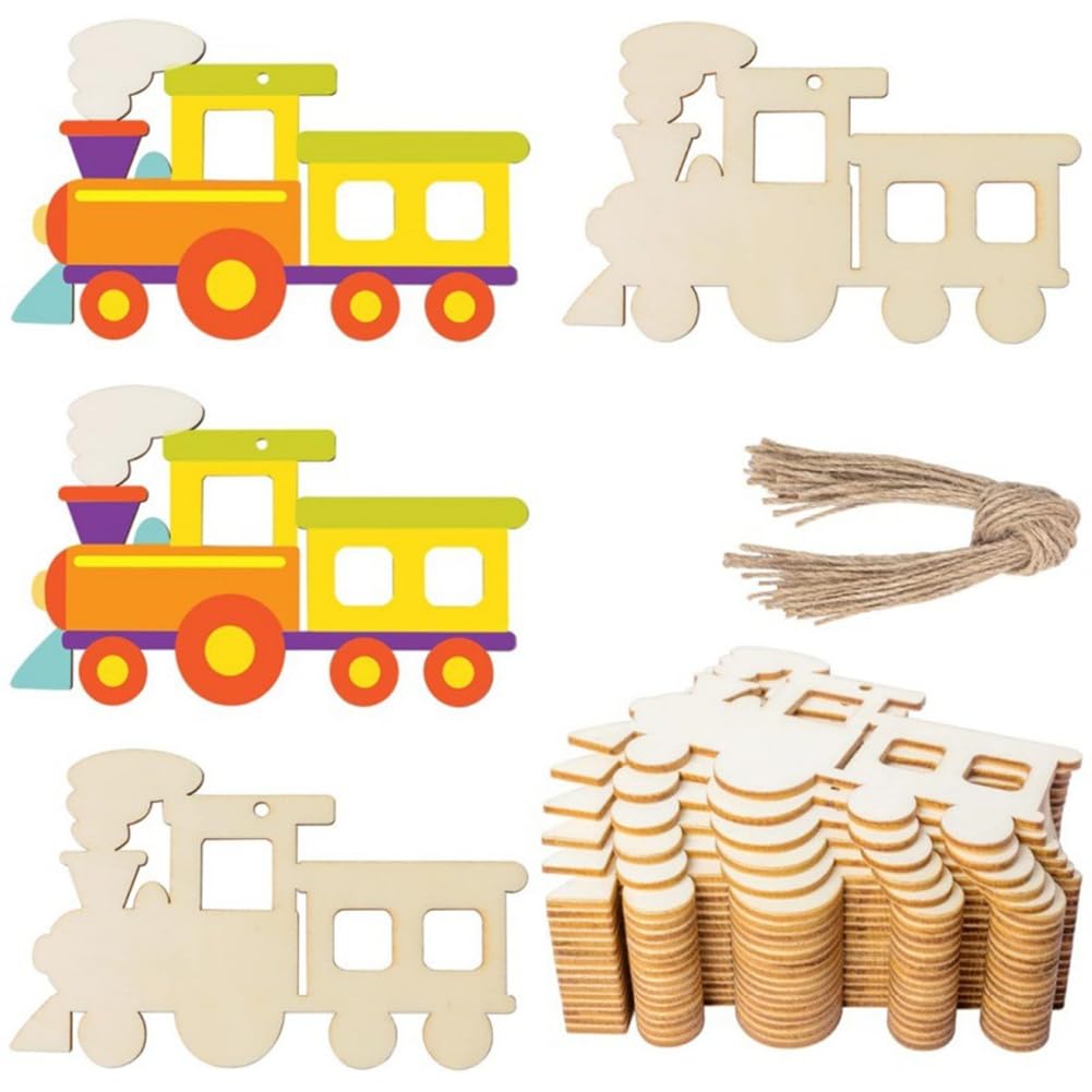 CTRLZS 50PCS Unfinished Train Wood Ornaments Train Shape Blank Wood Slices for DIY Crafts Christmas Holiday Party Decoration