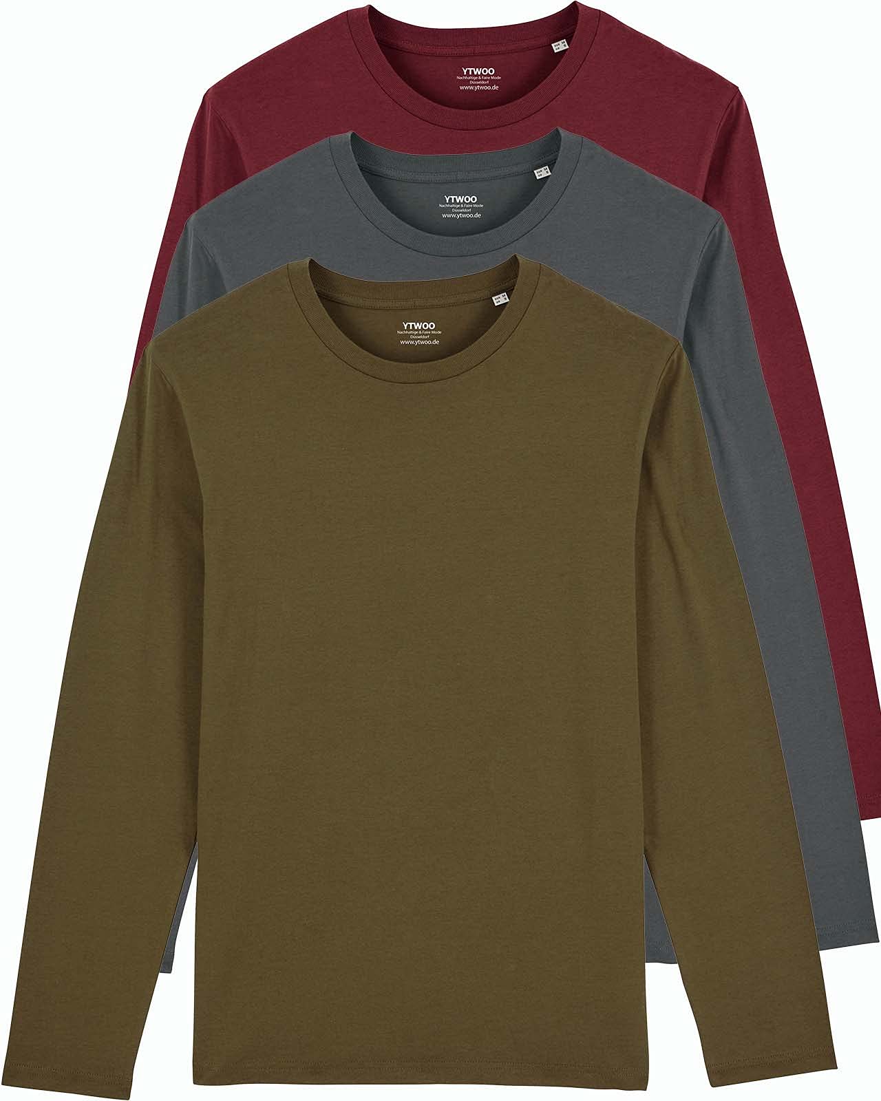 Pack of 3 basic long-sleeved shirts made of organic cotton, men's multi-pack, premium cotton, 180 g/m², organic long-sleeved shirts, sustainable, fair produced, organic T-shirts