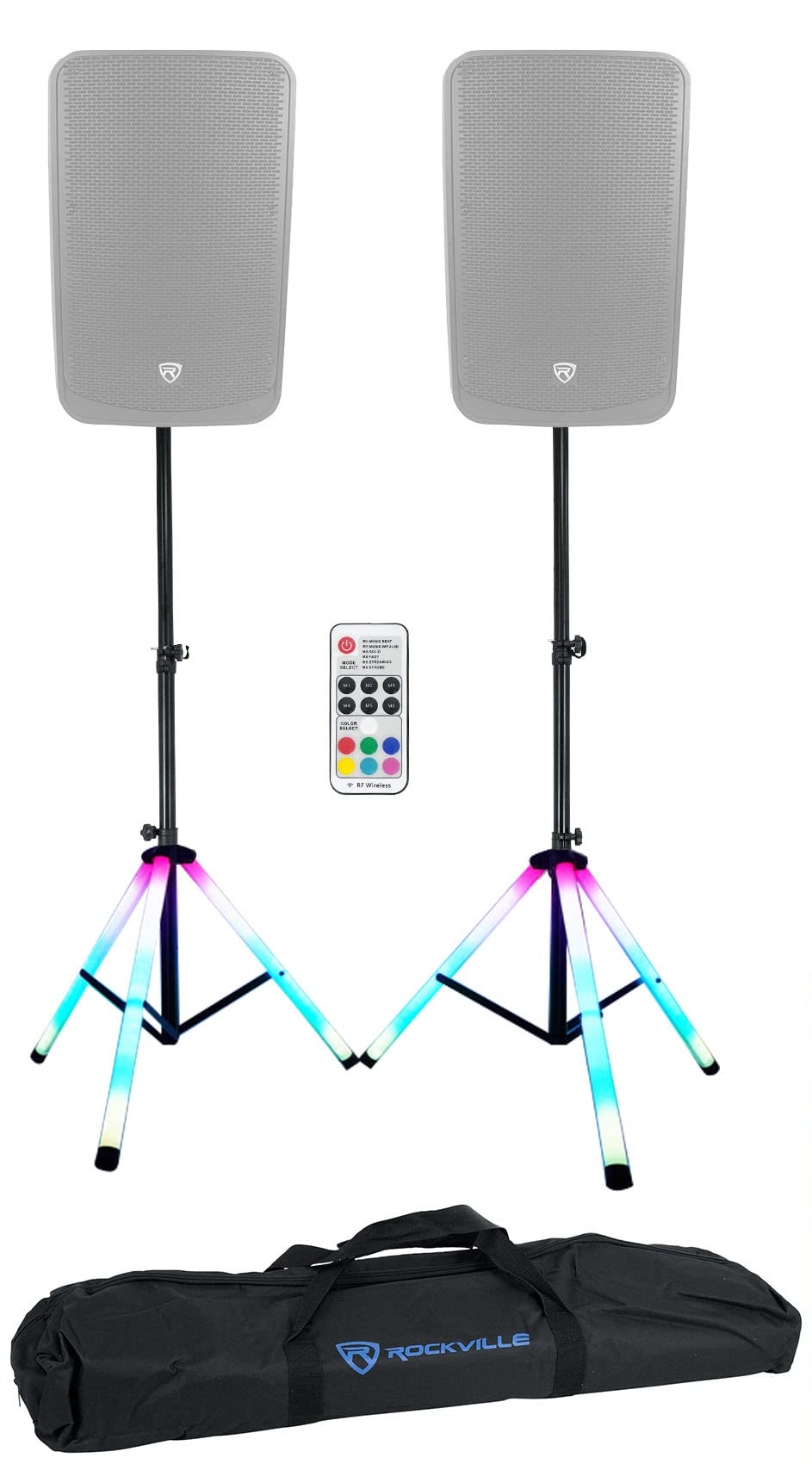 Rockville 2 Party LED DJ Tripod Speaker Stands+RGB Remote+Sound Activated
