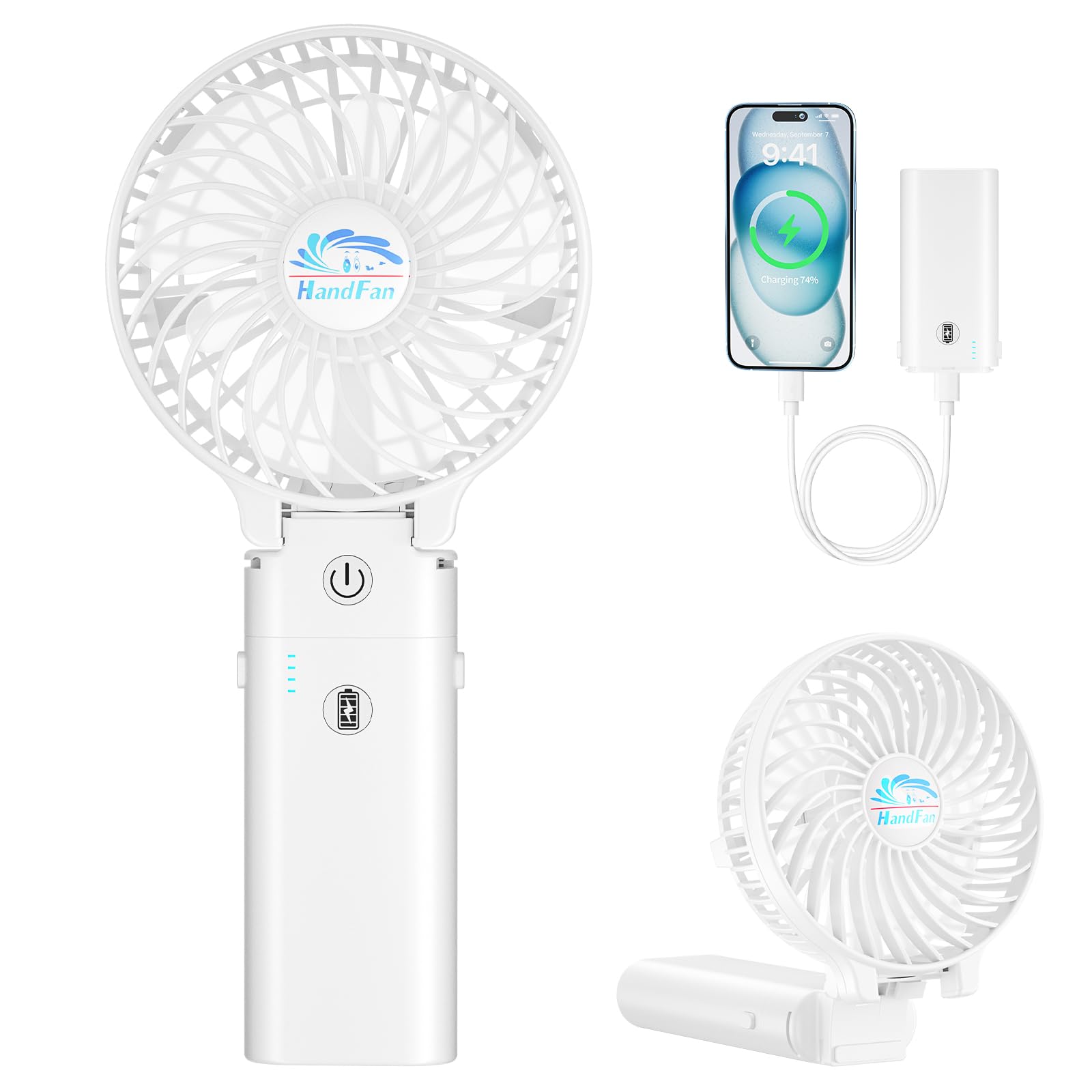 HandFan 5200mAh Personal Fan Handheld,180° Foldable Hand Held, Battery Operated Rechargeable Fan, Portable Charger Design, 3 Speeds,20H Runtime for Travel/Wedding/Camping/Outdoors/Indoors (White)