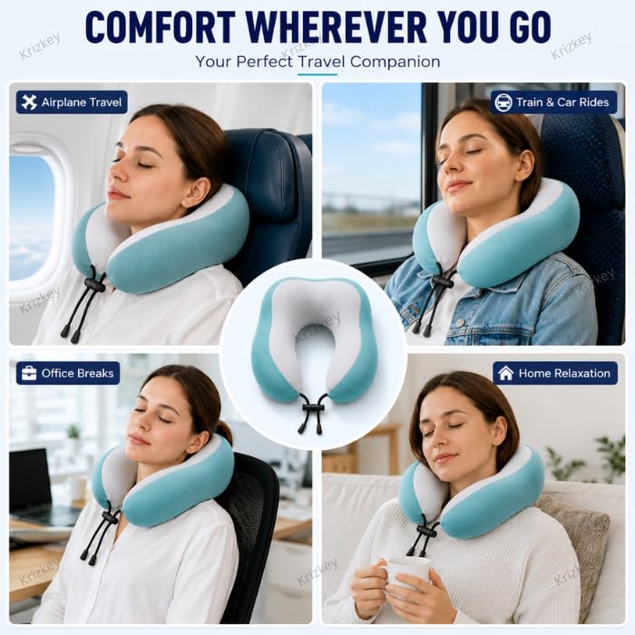 Image of Memory Foam Travel Neck Pillow with Portable Storage Case | Soft U-Shaped Neck Support Cushion for Airplane, Car, Train & Office | Lightweight Ergonomic Travel Pillow (Dark Green)