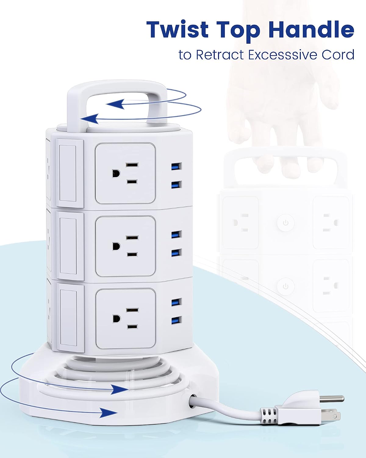 6 USB Ports Power Strip Tower with 12 AC Outlets, SUPERDANNY Surge Protector 6.5ft Extension Cord, 1625W / 13A, Multi Protection Charging Station Tower for Home, Office, Dorm, Gaming Room, White