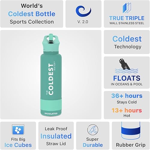 Miniatura 56 de Coldest - Botella de agua deportiva con tapa con popote y asa, a prueba de fugas, de acero inoxidable con aislamiento al vacío de doble pared,