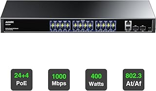 Aumox 28-Port Gigabit PoE Switch with 24 x PoE 400W, 2 x Uplink Gigabit Ports, 2 x 1G SFP Slots, Rackmount or Desktop, PoE Recovery, Plug and Play, Fan Design,VLAN, 802.3 Af/at, Unmanaged (SG528P)