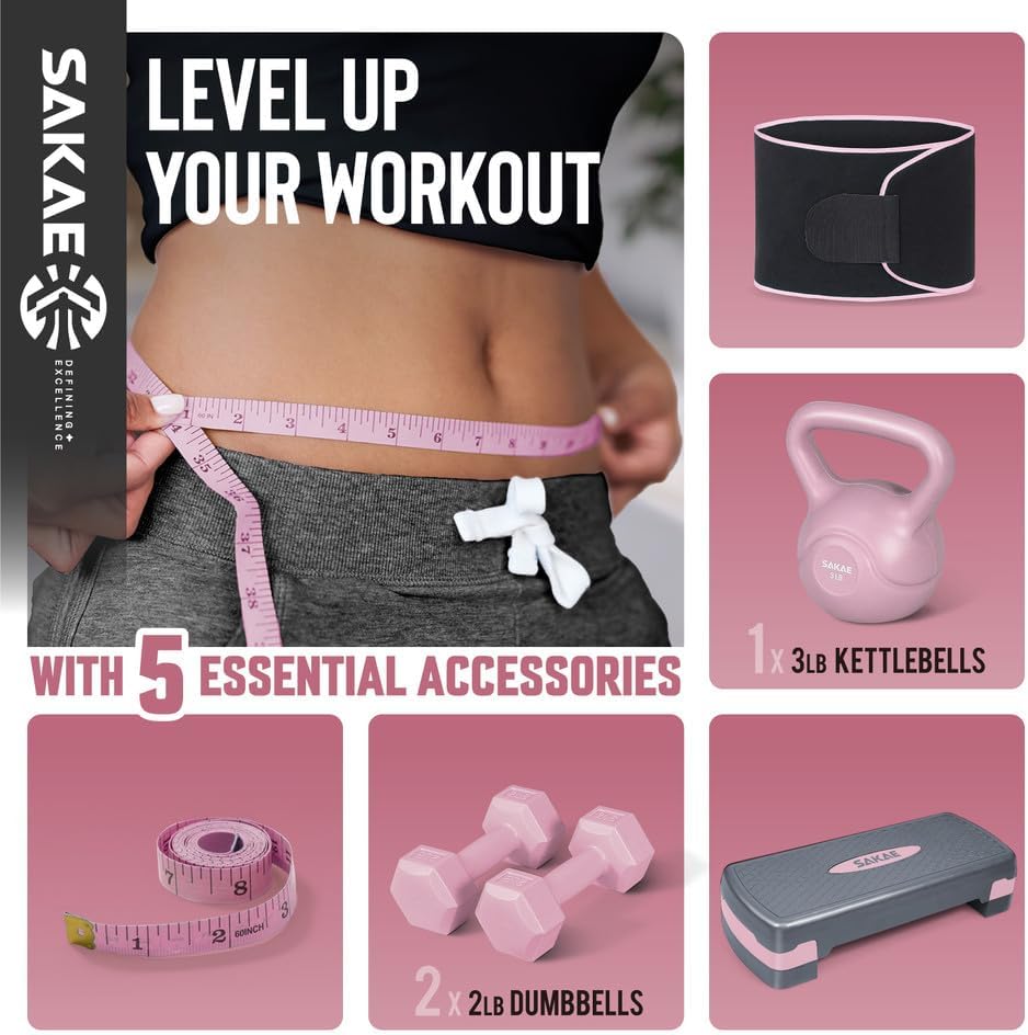 Miniatura 2 de SAKAE Kit de pasos aeróbicos ajustables con mancuernas y pesas rusas, cinturón de levantamiento de pesas y cinta medidora, plataforma de ejercicios
