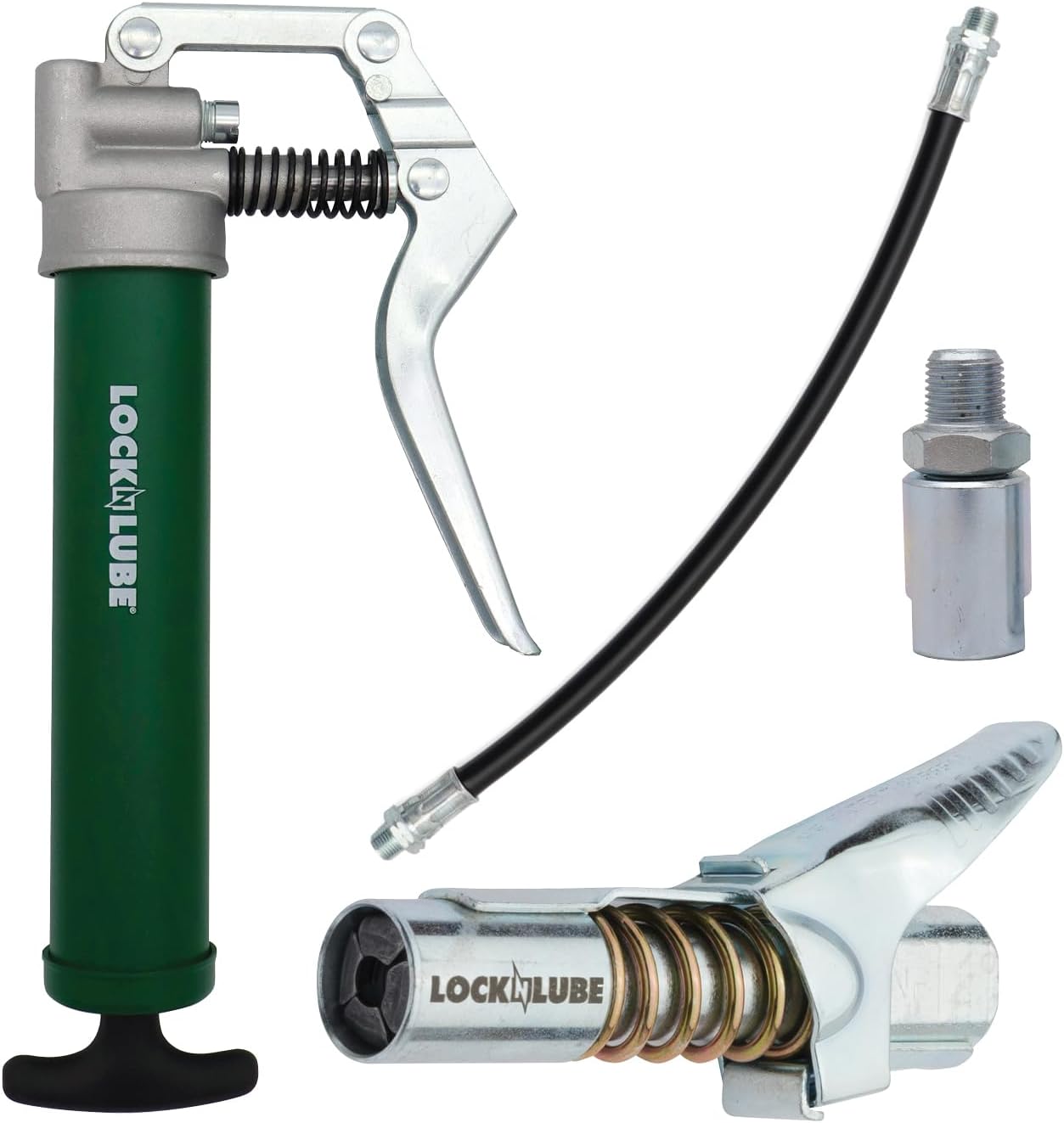 Mini Grease Gun Kit. Includes Our Patented Grease Coupler (Locks on, Stays on, Won't Leak!) Plus a 12 Hose and in-line Hose Swivel.